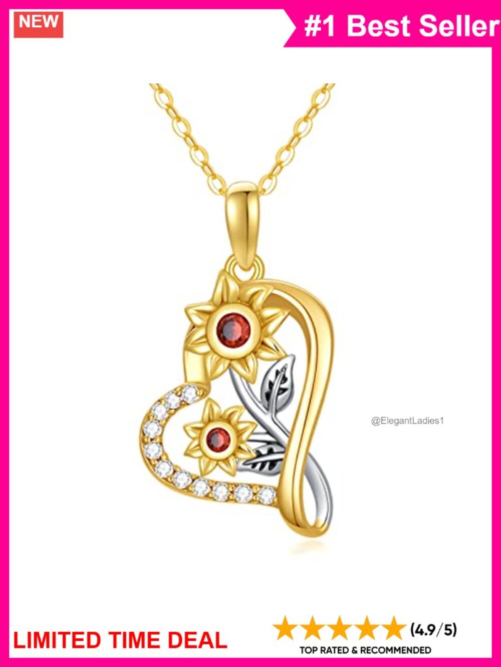 Solid 14K Gold Heart Sunflower Necklace for Women Moissanite Pendant